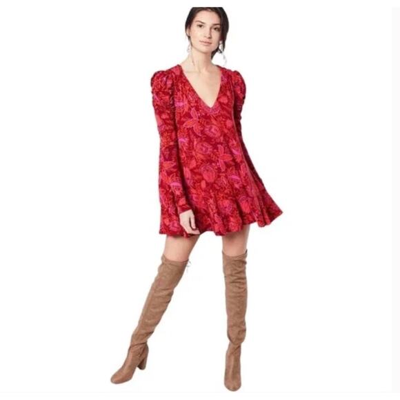 Free People Hello Lover Dress Red & Purple Floral Pattern Size XL EUC - Picture 1 of 9
